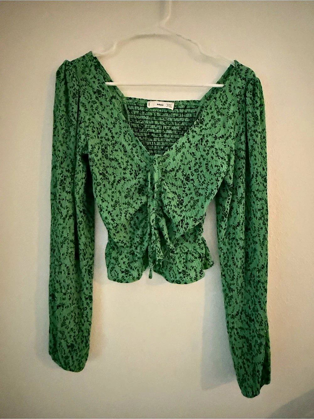 MNG Floral Ruched Crop Blouse in Green Size XS